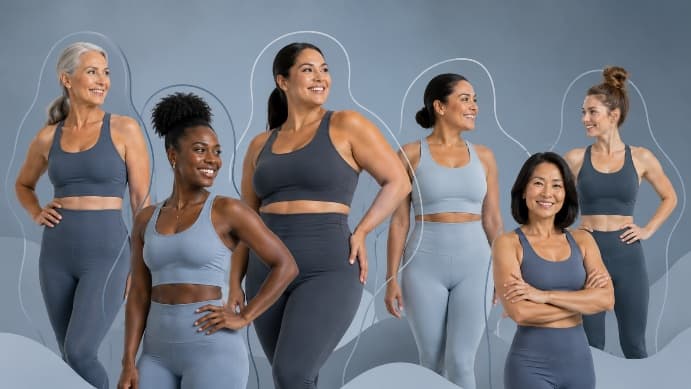 Six people of varied body types standing together in athletic wear