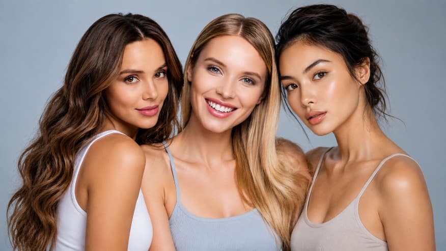 Three people with healthy skin and hair in a studio portrait