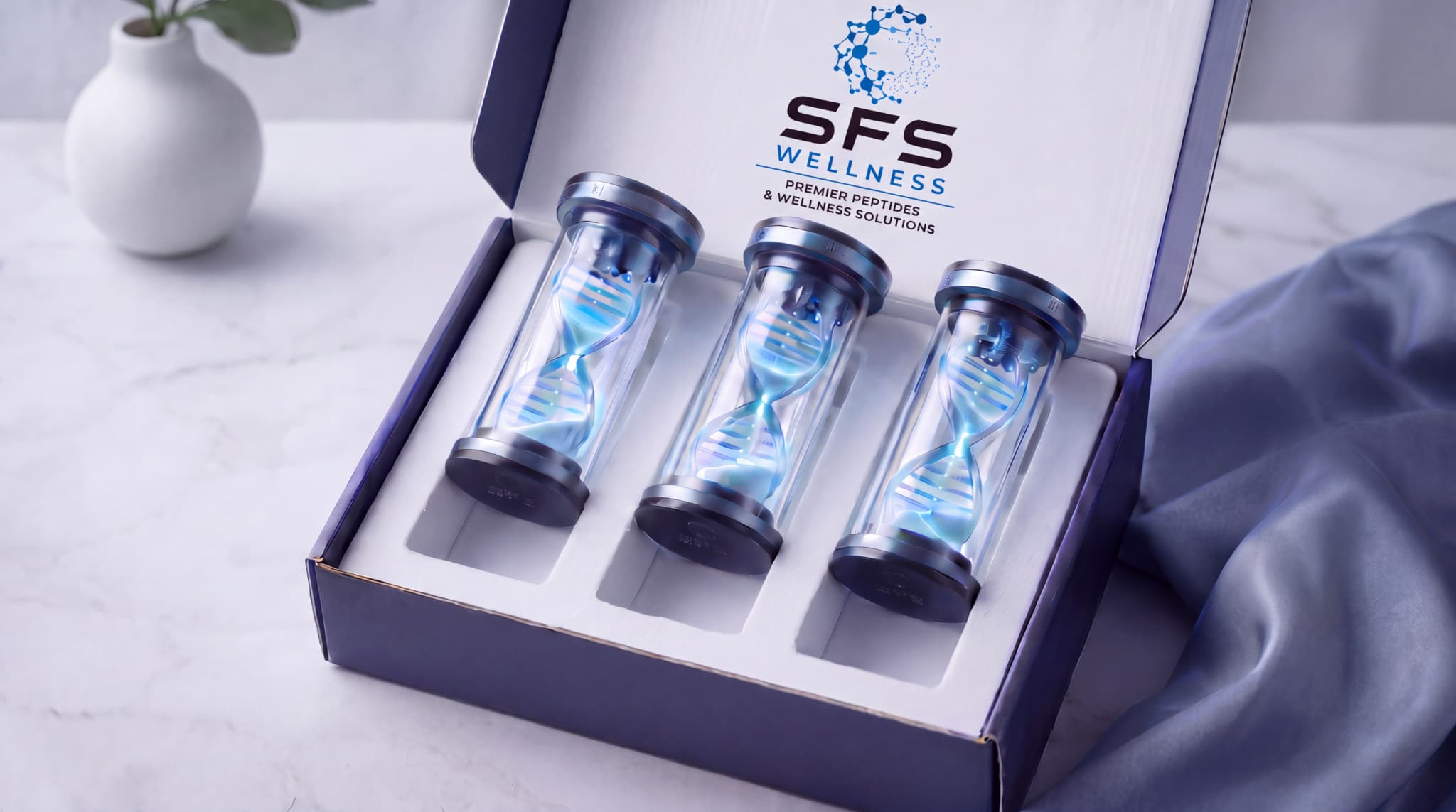 SFS Wellness presentation box with three illuminated blue DNA vials