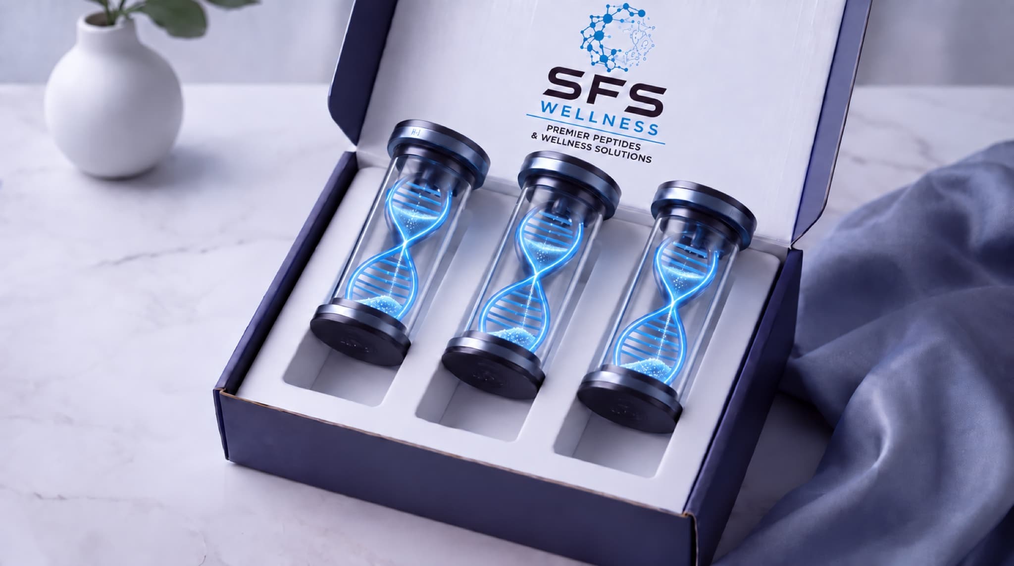 Three blue DNA hourglass vials in an SFS Wellness presentation box