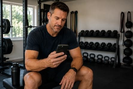 Person checking a phone in a home gym
