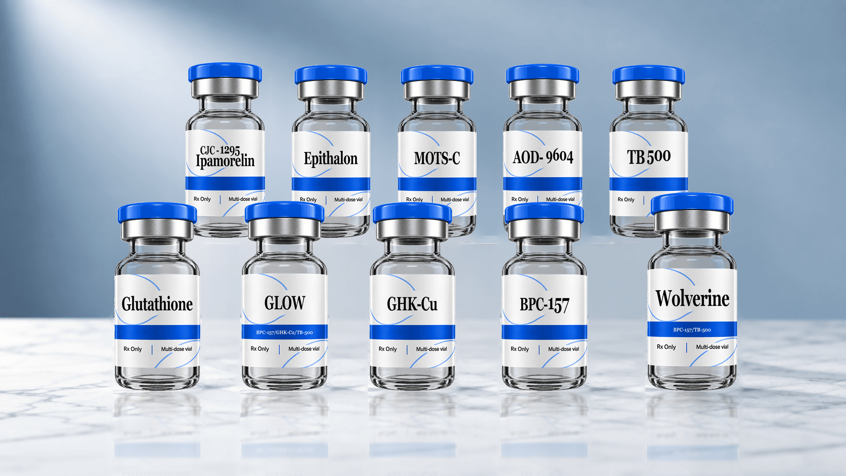 Ten blue-capped vials labeled CJC-1295 / Ipamorelin, Epithalon, MOTS-C, AOD-9604, TB 500, Glutathione, GLOW, GHK-Cu, BPC-157, and Wolverine