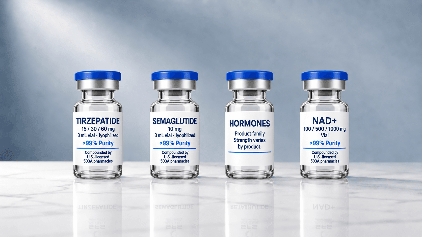 Four SFS Wellness vials labeled Tirzepatide, Semaglutide, Hormones, and NAD+