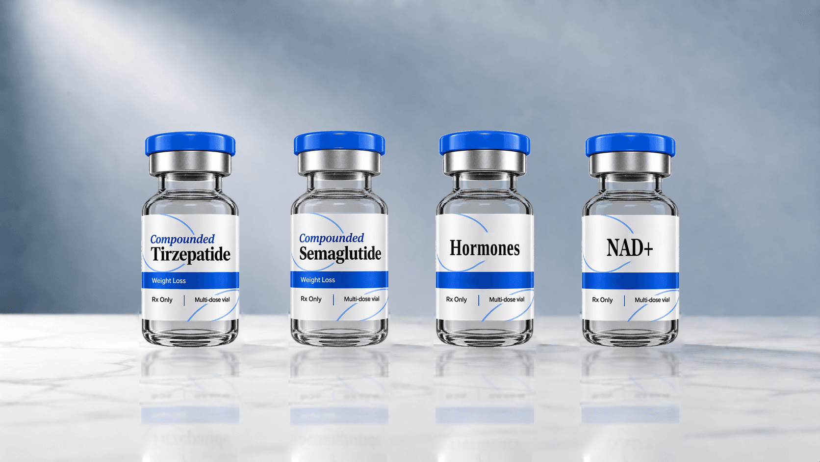 Four blue-capped vials labeled Tirzepatide, Semaglutide, Hormones, and NAD+