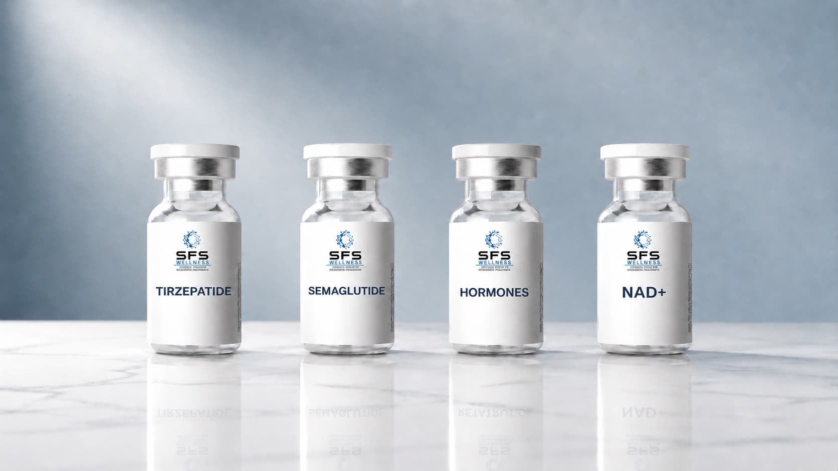 Four SFS Wellness vials labeled Tirzepatide, Semaglutide, Hormones, and NAD+