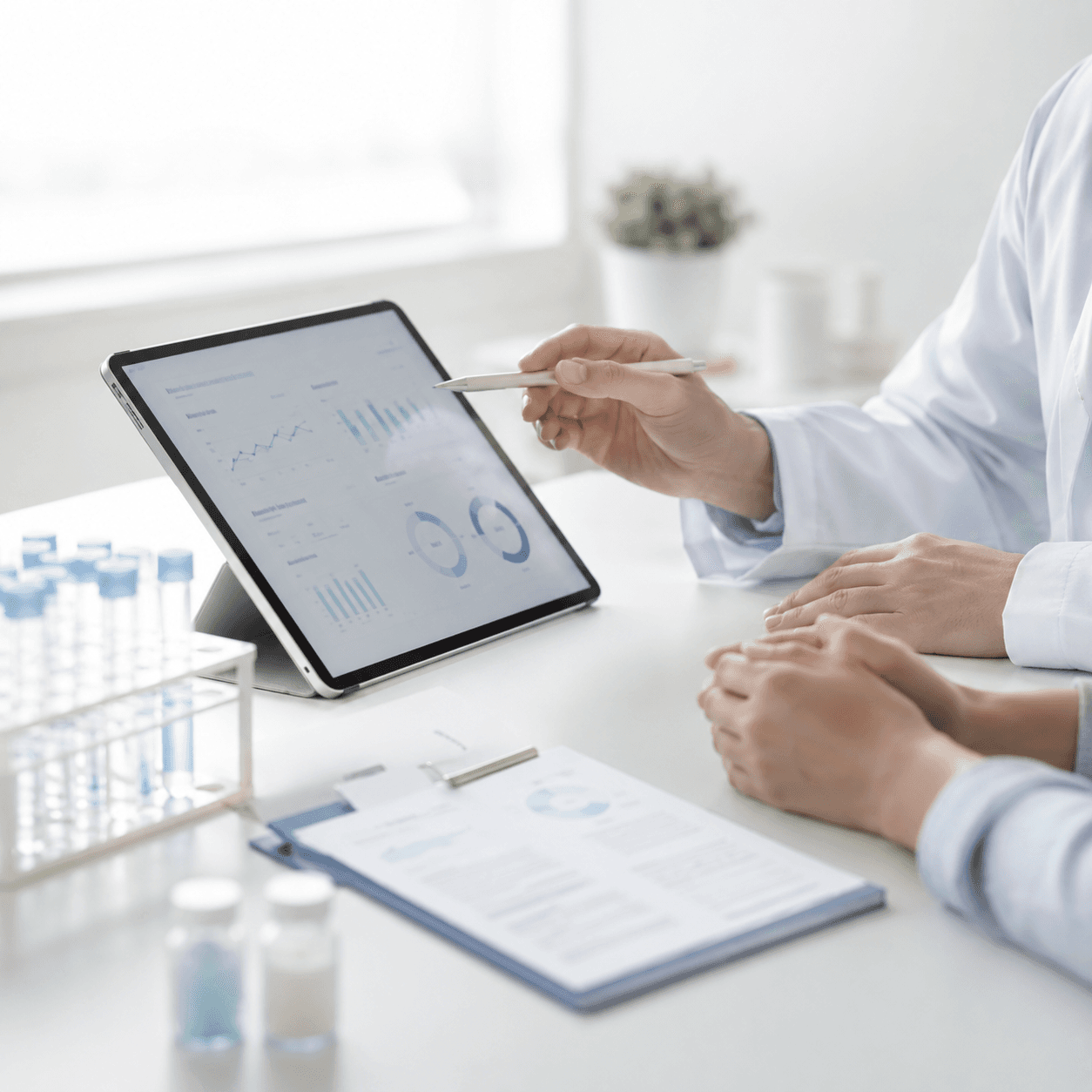 Professional reviewing wellness test information with a client