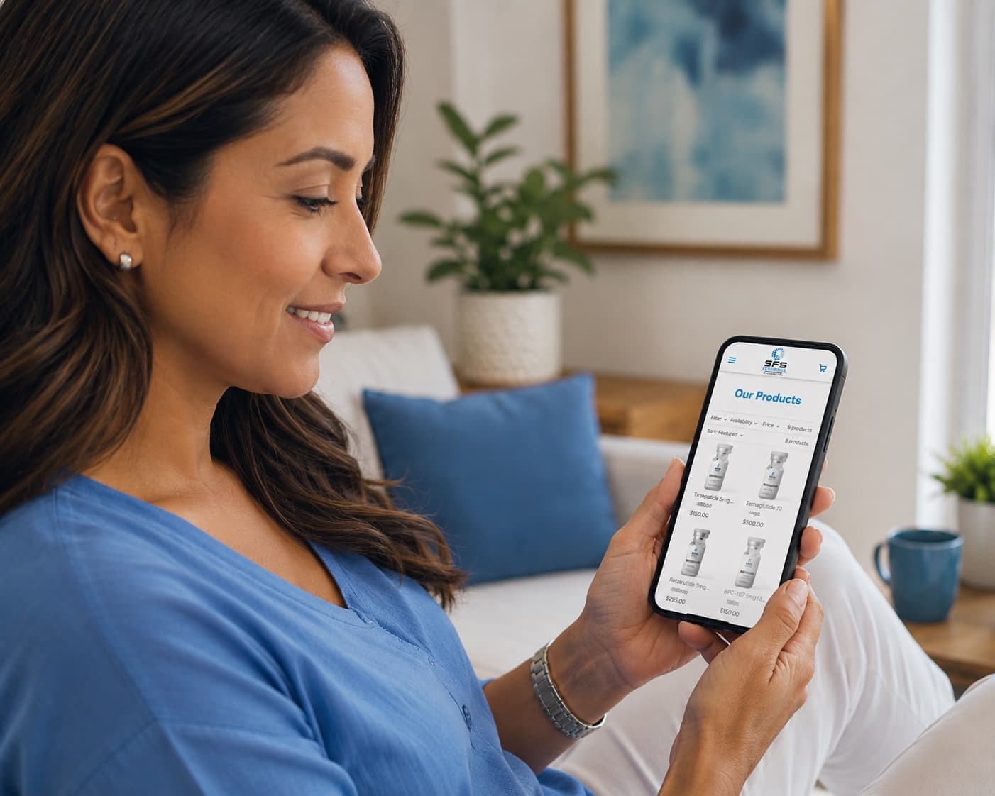 Person browsing SFS Wellness products on a phone at home