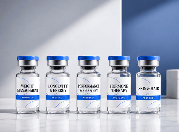 Five blue-capped vials labeled with the Weight Management, Longevity and Energy, Performance and Recovery, Hormone Therapy, and Skin and Hair protocols