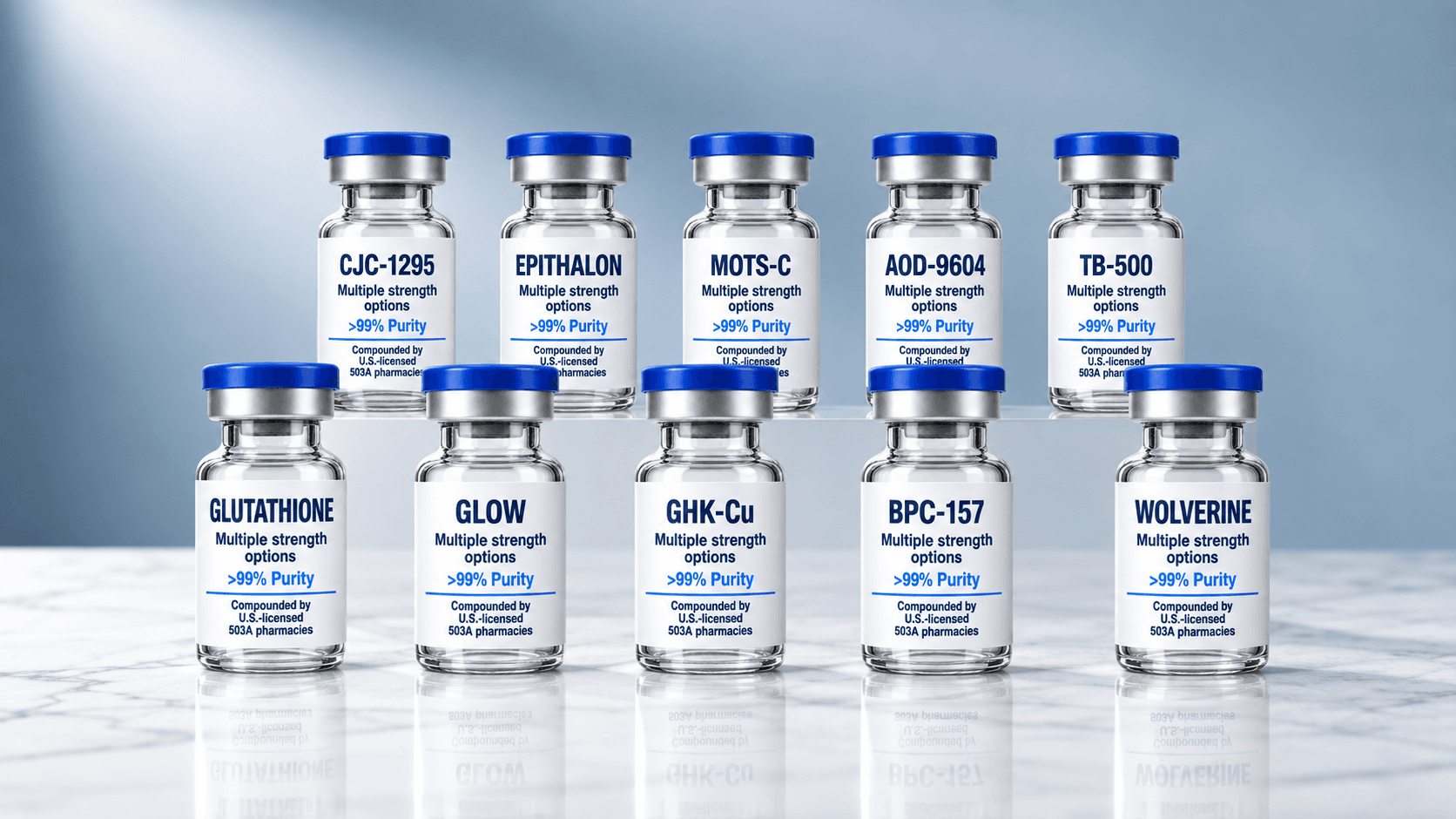 Ten blue-capped vials labeled CJC-1295, Epithalon, MOTS-C, AOD-9604, TB-500, Glutathione, GLOW, GHK-Cu, BPC-157, and Wolverine