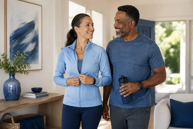 Two adults in exercise clothing standing together at home
