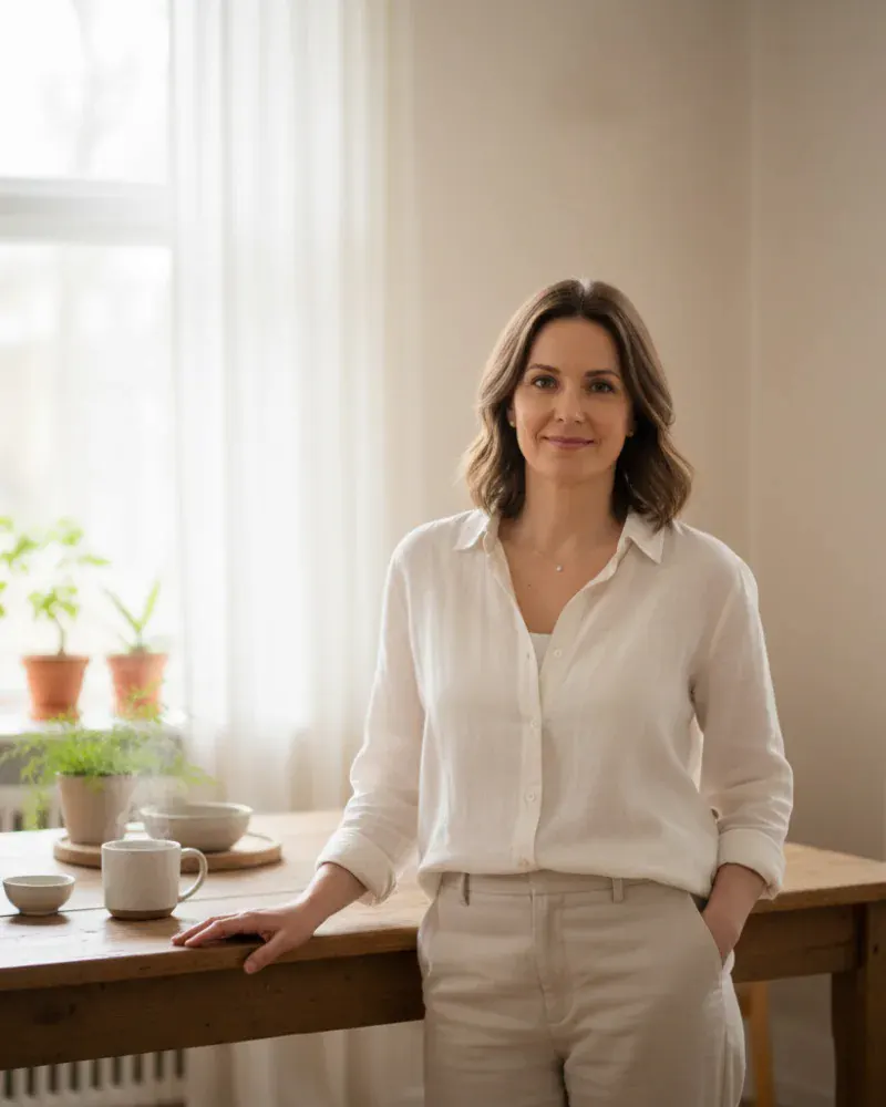 A woman standing at her kitchen table